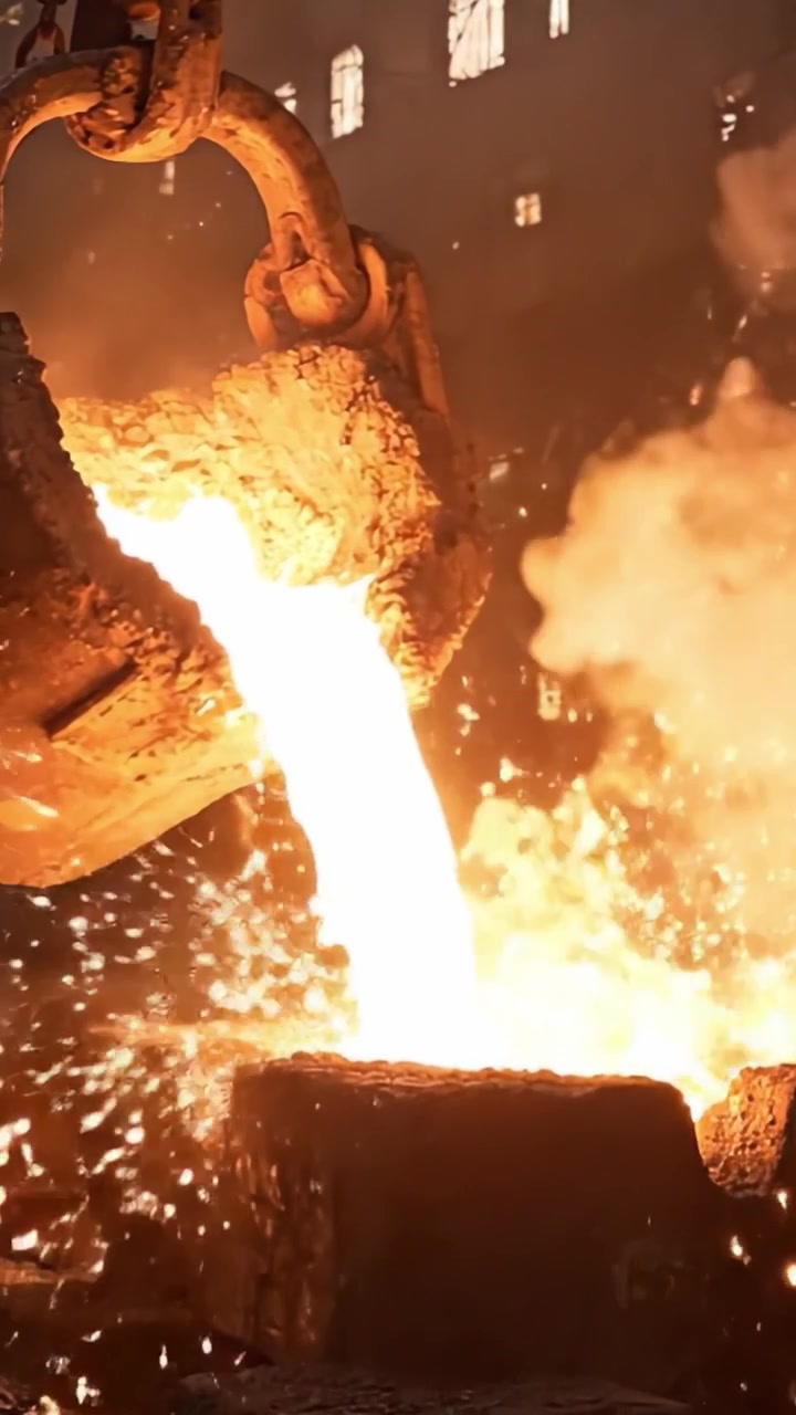 Molten Metal Pouring in Industrial Foundry: Captivating Moments of Heat and Transformation in a Steel Manufacturing Process