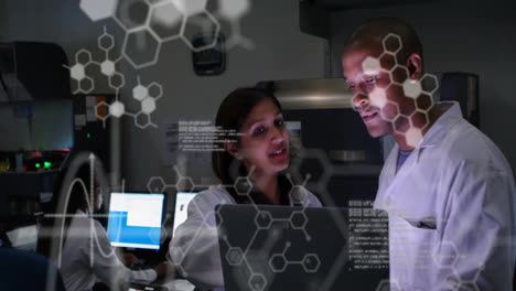 animation of chemical formula and data processing over diverse scientists using laptop