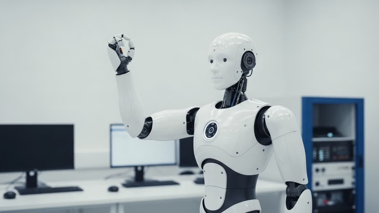 A Sophisticated Humanoid Robot Demonstrating Advanced Capabilities in a Modern Laboratory Setting, Showcasing Its Precision and Technological Ingenuity