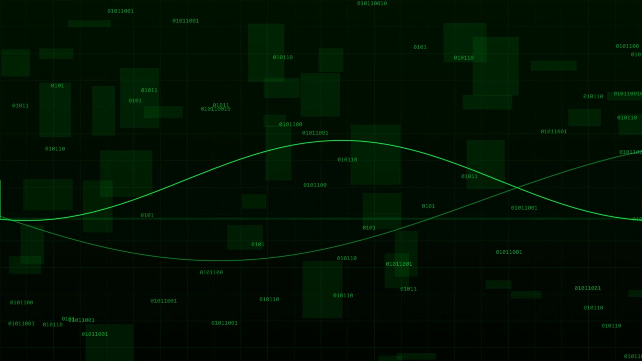 Digital Data Stream with Binary Code and Sine Wave Animation