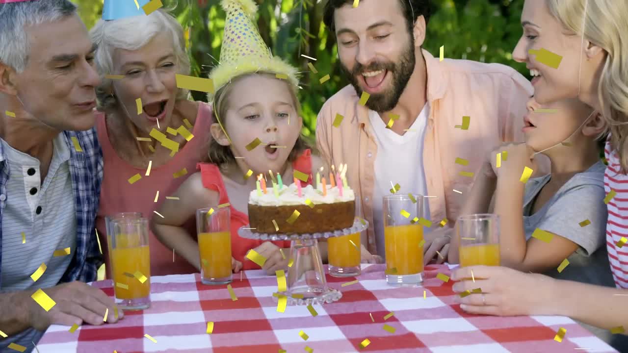 Animation af faldende konfetti over familie, der hygger sig til fødselsdagsfest.