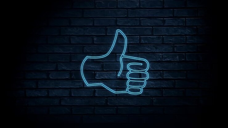Animazione dell'icona Mi piace blu in stile neon tremolante su sfondo di mattoni neri