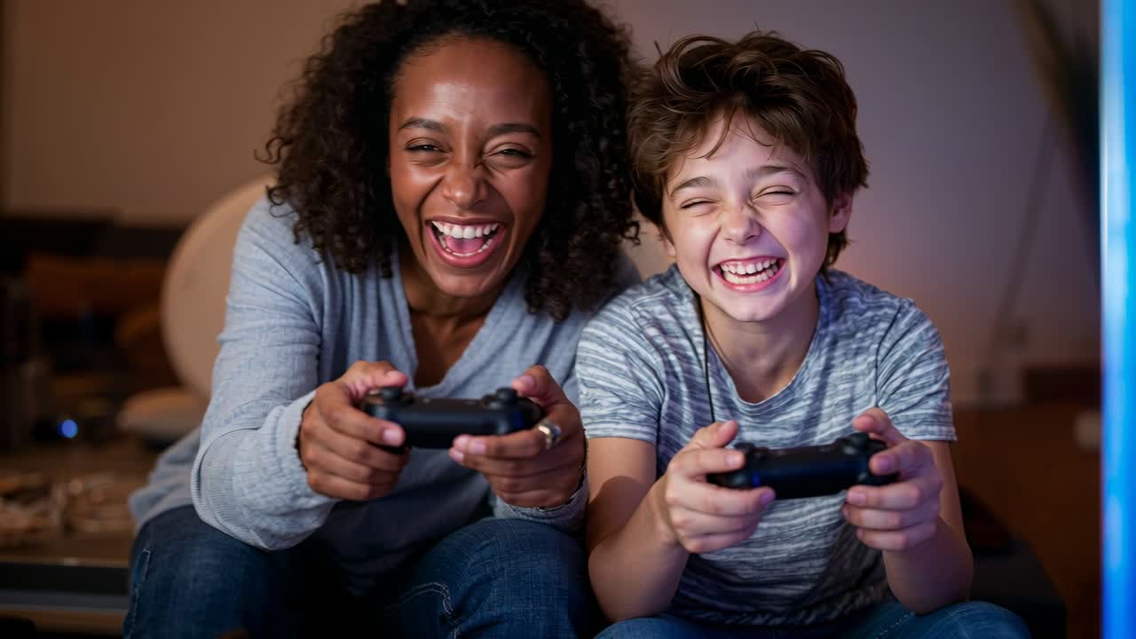 Reacting to game start, mother and son laughing on couch, holding controllers, in jeans facing TV