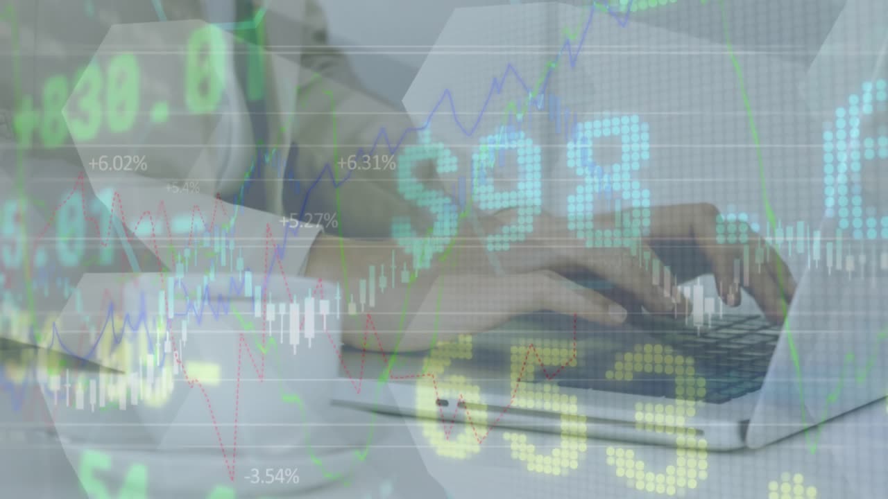 Animation of financial data processing over man using laptop