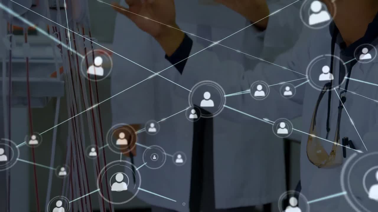 animación de la red de conexiones con las personas iconos sobre diversos científicos