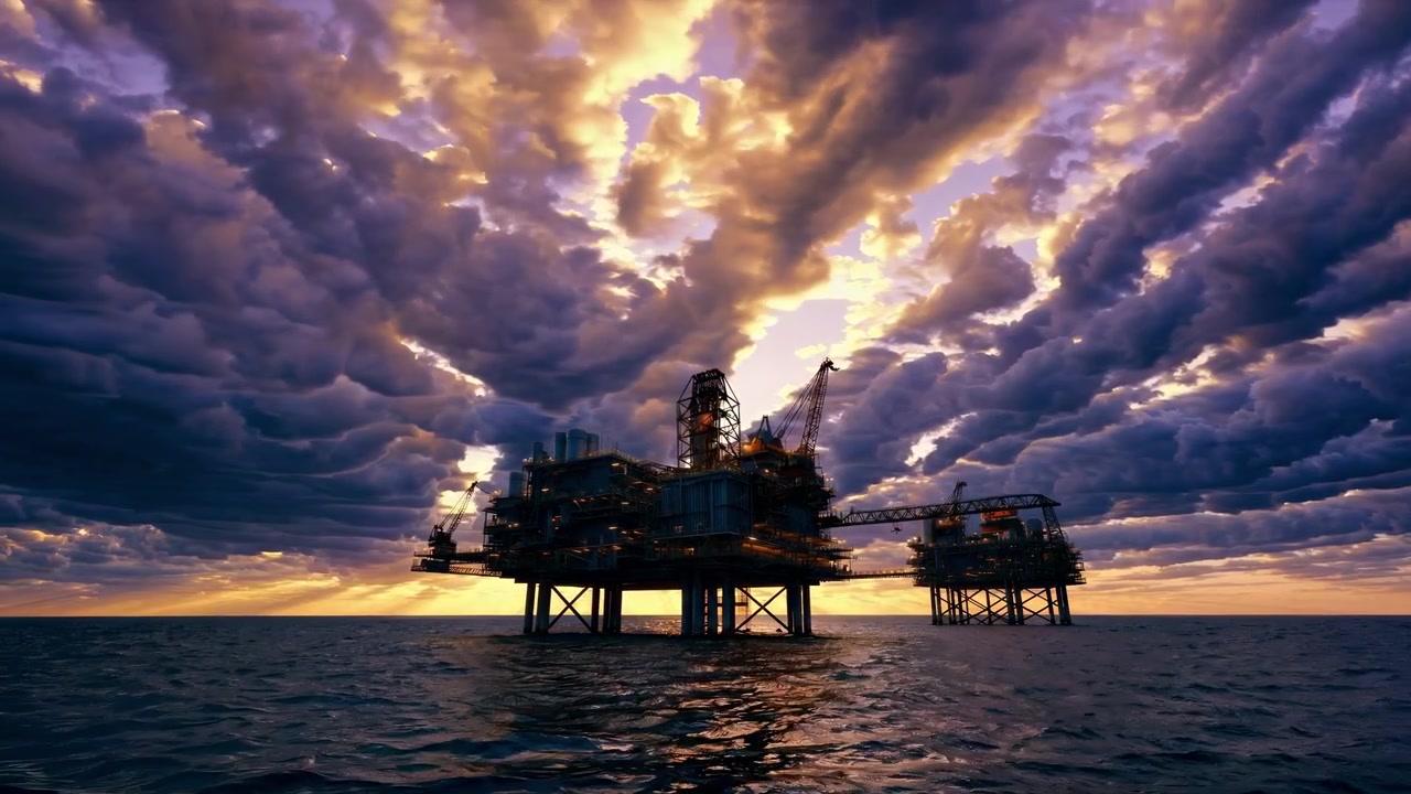 Offshore Oil Rig in the Ocean with Dramatic Sunset Clouds