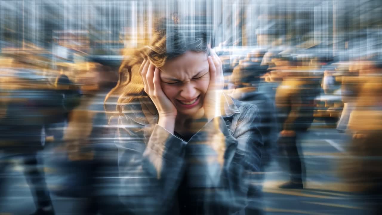 A young woman in distress holds her head in a crowded environment, reflecting feelings of anxiety and emotional overwhelm amidst the bustling chaos of everyday life and noise