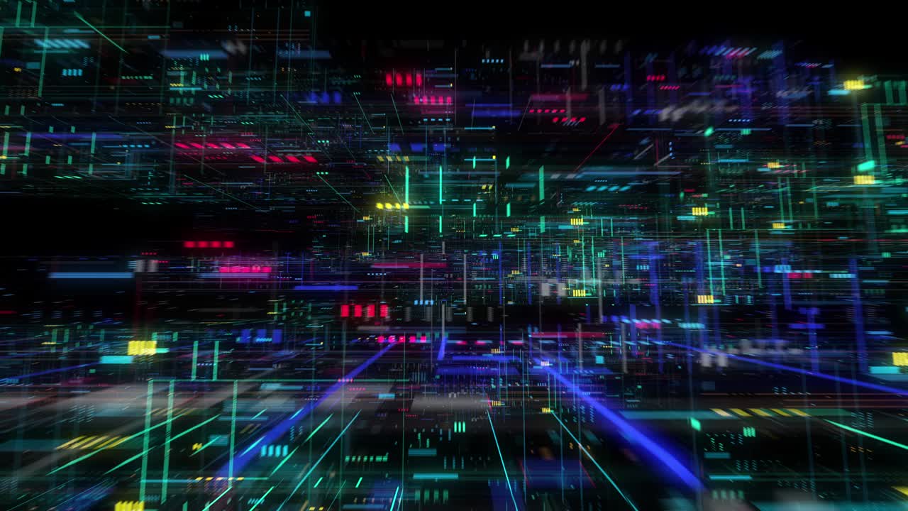 Seamless fly through of abstract circuitry with digital grid background