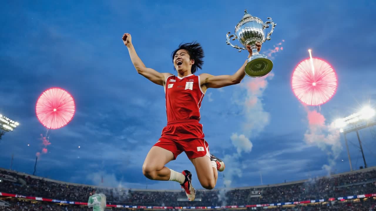 Victorious professional athlete leaping with trophy, celebrating championship moment near explosive fireworks, dramatic nighttime stadium lighting