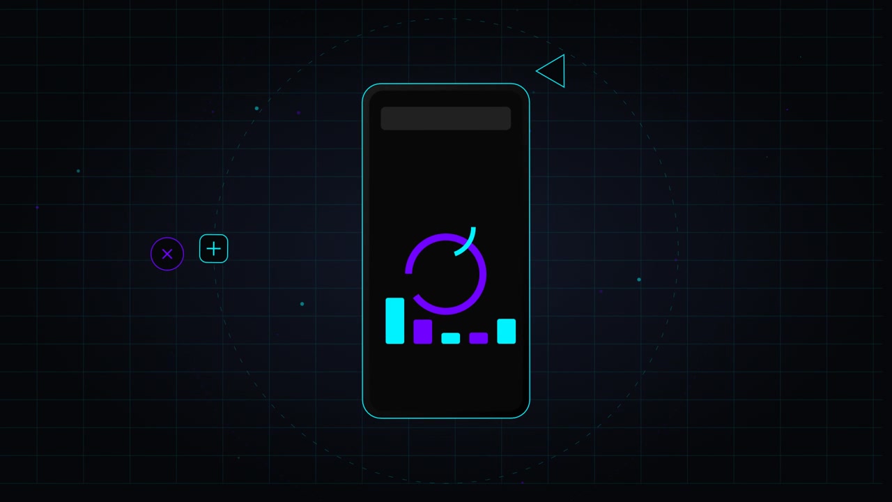 Display digitale animato di smartphone con cerchio di caricamento e grafico a barre