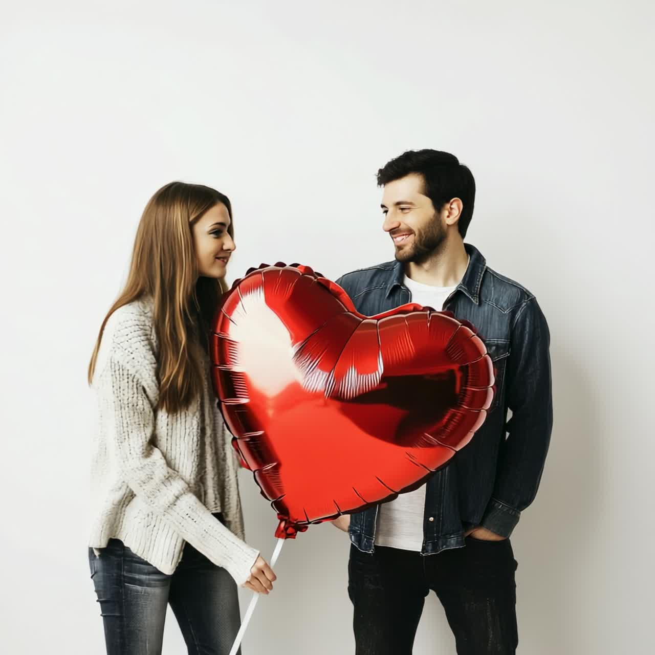A couple hides behind a heart-shaped balloon, captured in a playful, candid style
