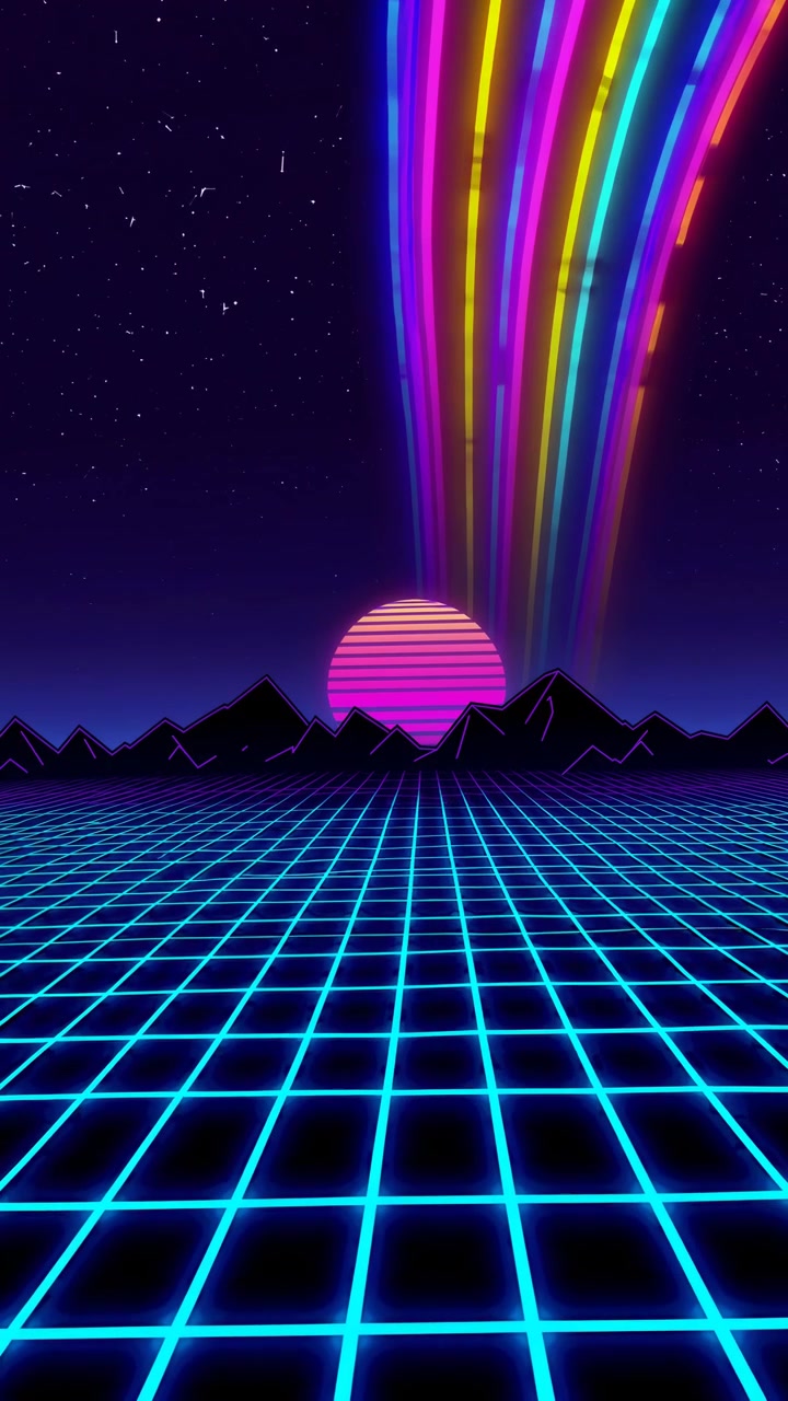Paesaggio synthwave retrò con griglia luminosa e arcobaleno al neon