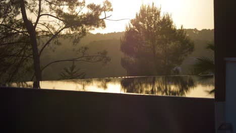 serene sunset reflection: mirror pool with tree reflections and mountain backdrop