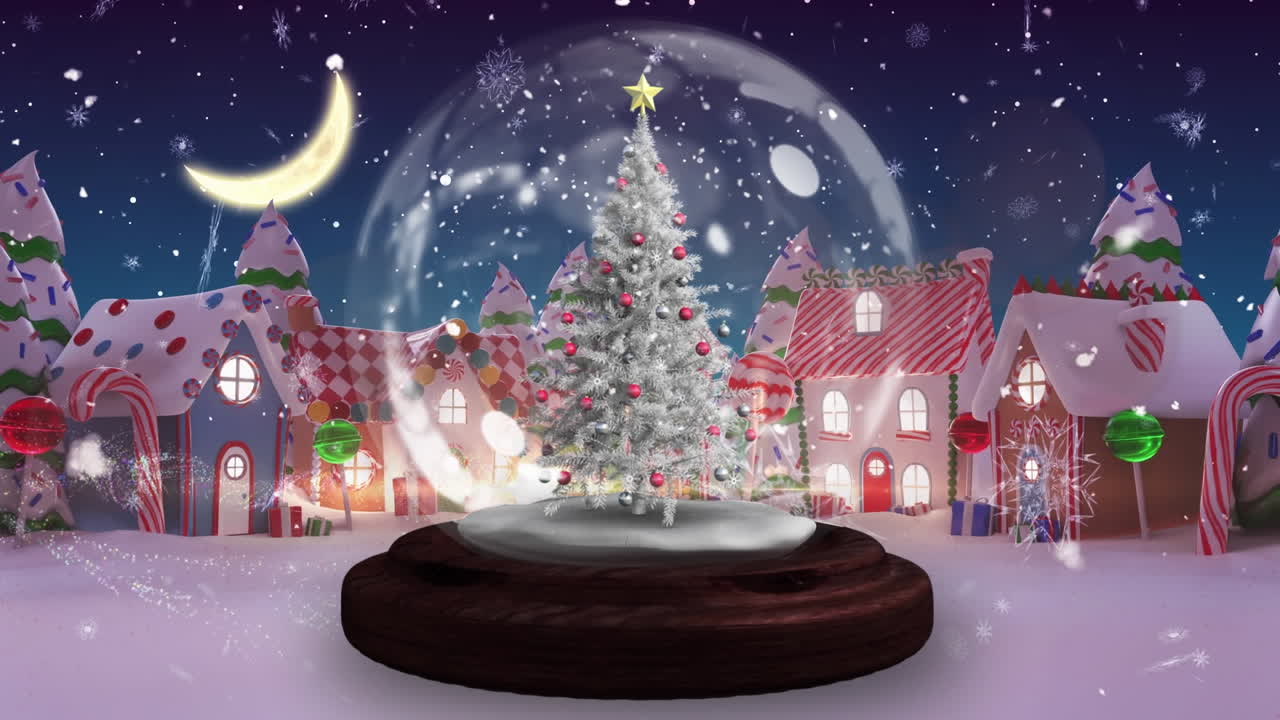 겨울 도시 풍경 위에 있는 눈공의 애니메이션