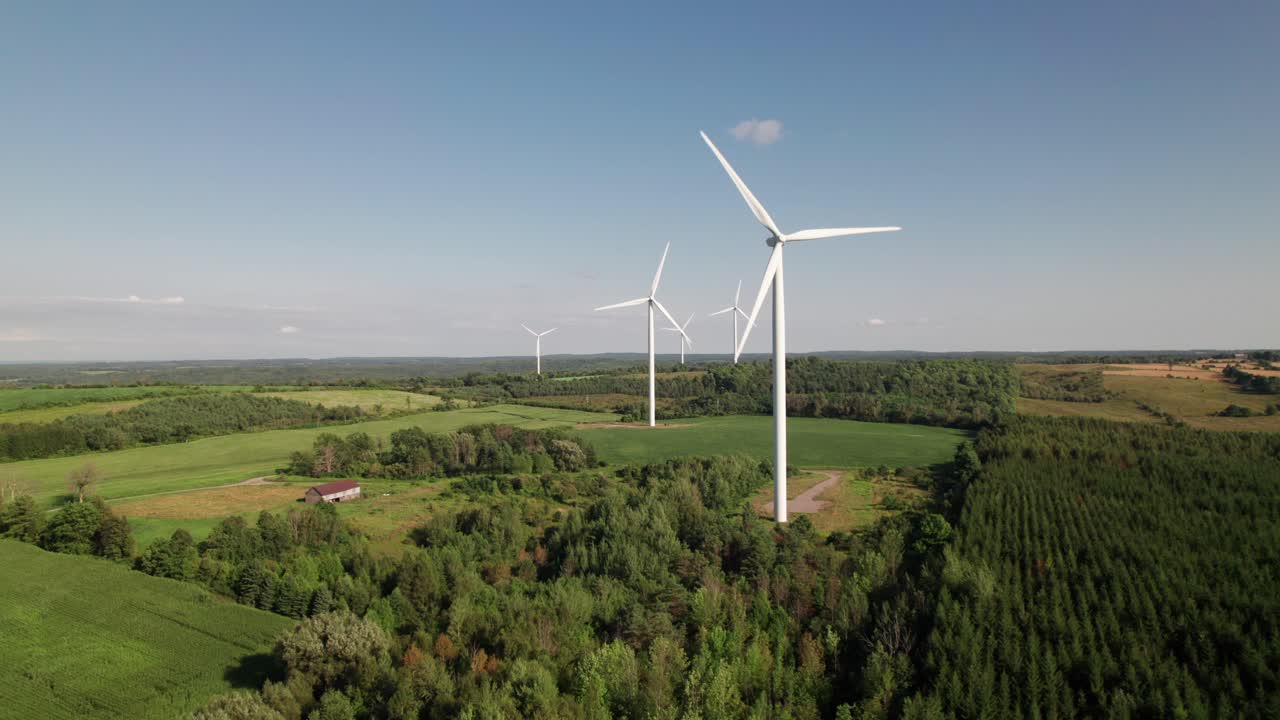 Clean looking windmills in lush green countryside, green energy.