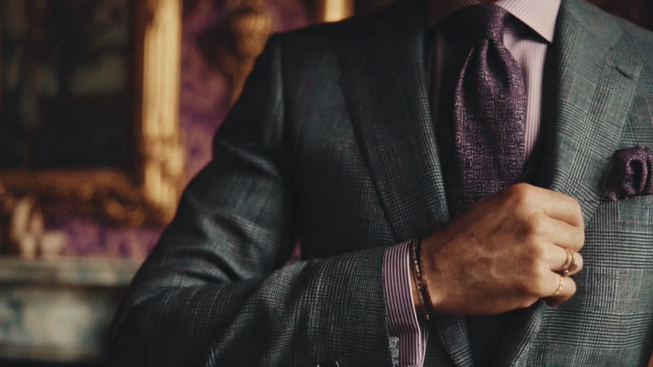 Elegantly Dressed: A Sophisticated Man Perfects His Attire with Careful Attention to Detail in an Opulent Setting