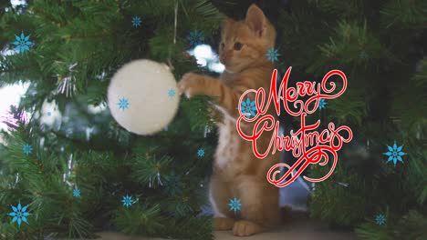 animación del texto de feliz navidad sobre el gato y el árbol de navidad