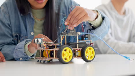 technology, closeup and car robotics of students