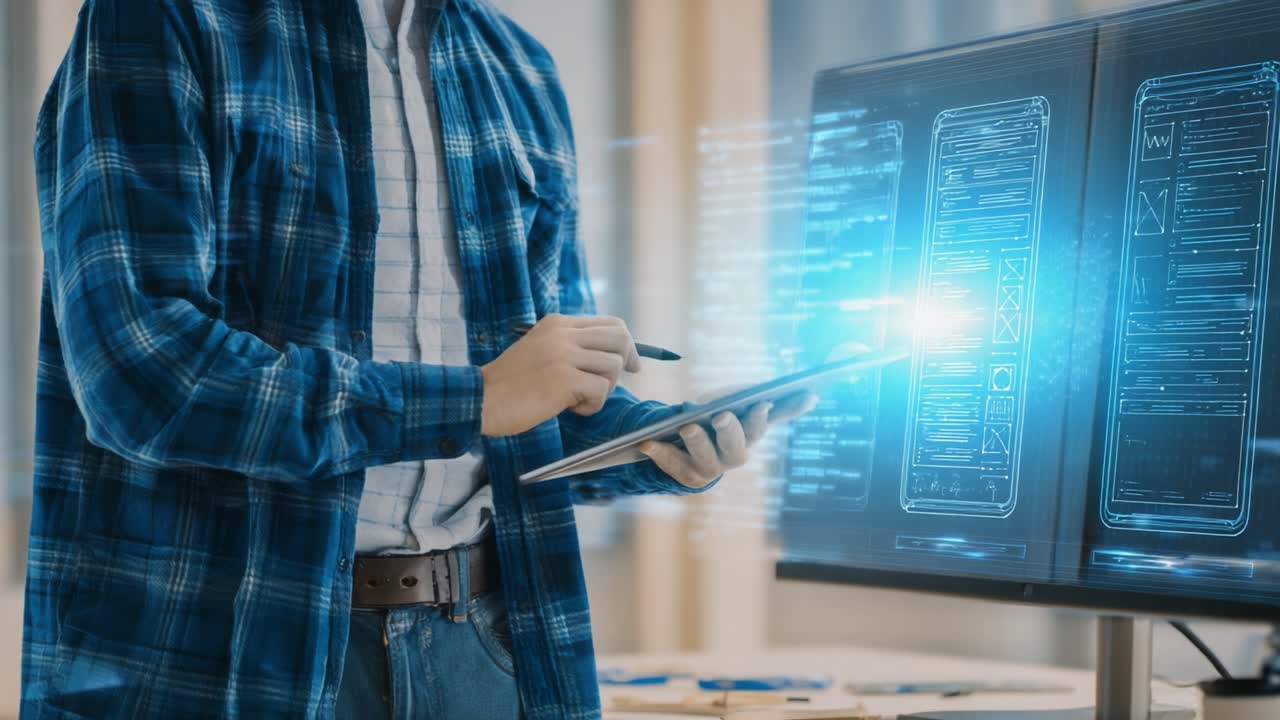 Innovative Digital Interface Interaction: A Professional Engaging with Advanced Touch Technology Within a Modern Workspace Environment