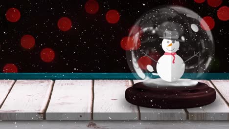 Animation-of-snow-falling-over-christmas-snow-globe-with-snowman-decoration