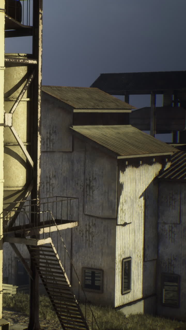 Antigua estructura industrial con escaleras y silo cerca de un edificio a la luz del día.