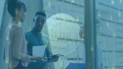 discussing nft cryptocurrency, business professionals analyzing digital data animation in office