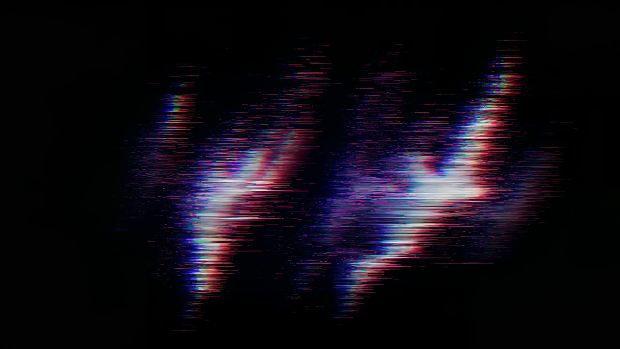 Showing multicolor test pattern shifting bars, emerging blue block, fading gradients, glitching