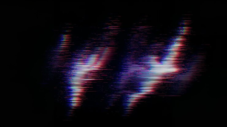 Visualizzazione di barre di spostamento con pattern di test multicolore, blocco blu in emersione, gradienti in dissolvenza, glitch
