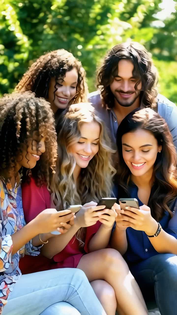 A group of young people are sitting together and looking at their cell phones