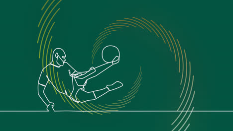 animation of drawing of male soccer player kicking ball and shapes on green background