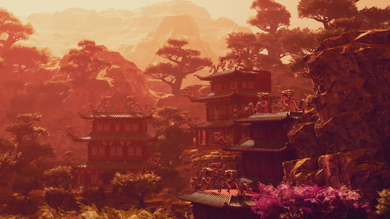 Serene asian temple nestled in vibrant mountains during sunset