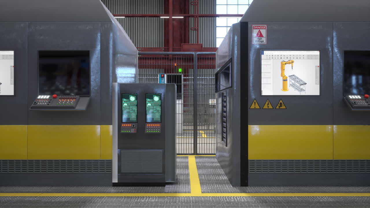 컨트롤 패널과 스크린이 있는 창고의 대형 기계, 3d 렌더링