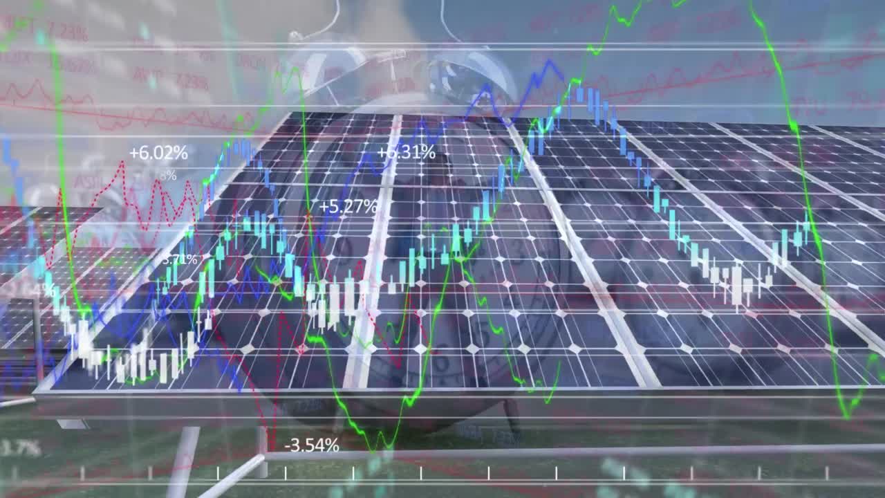 태양 전지판 위의 지구, 알람 시계 및 금융 데이터 및 그래프의 애니메이션