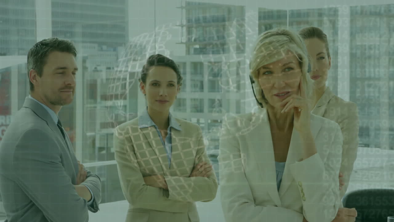 Business professionals in office with data processing animation over cityscape background