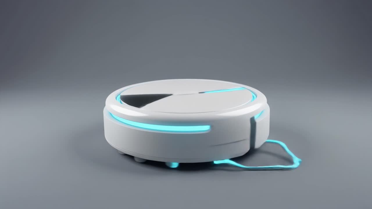 Robot aspirador moderno con luces azules en funcionamiento
