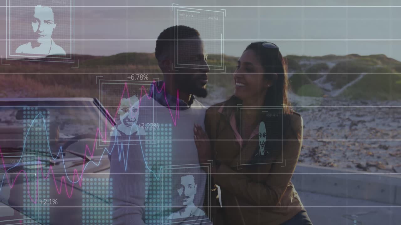 animación del procesamiento de fotos biométricas y datos financieros sobre parejas diversas por un automóvil