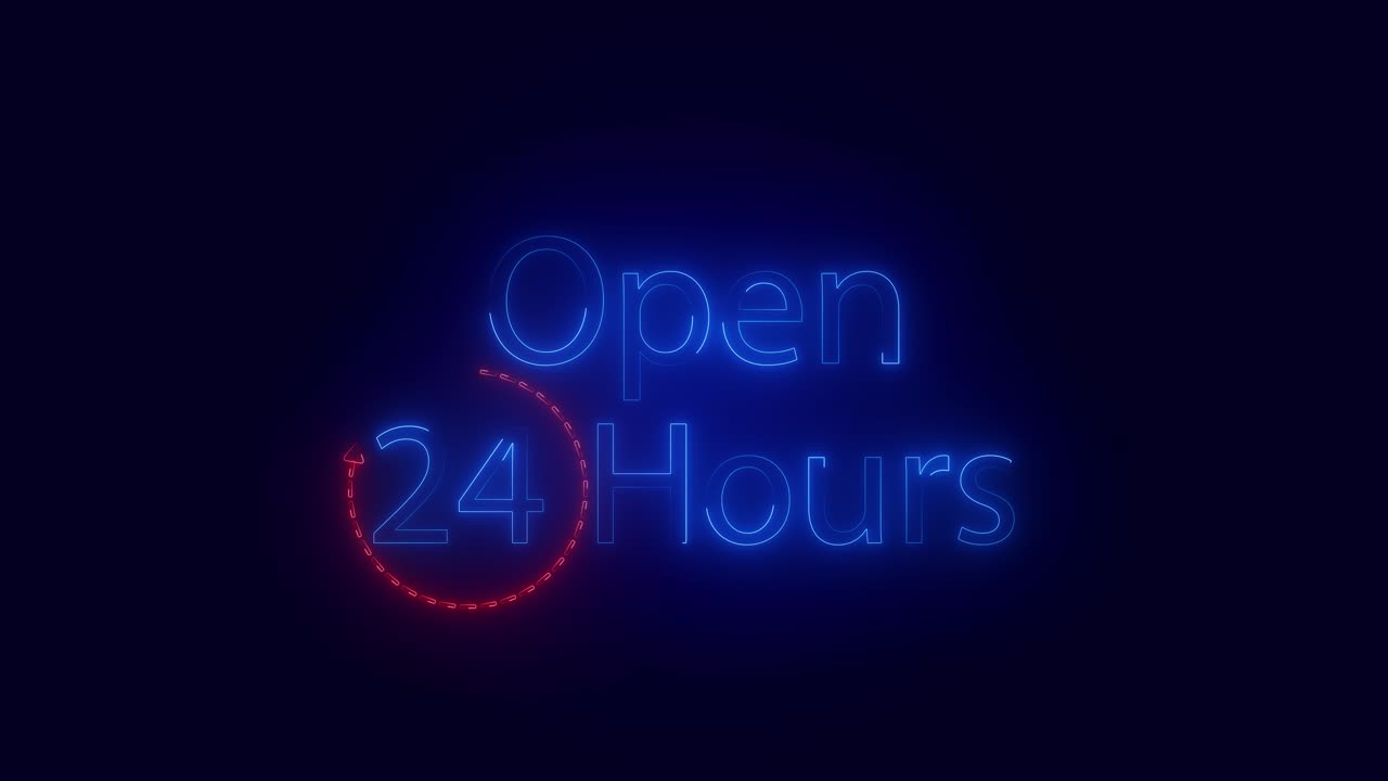 Neon light animation glowing open 24 hours vibrant blue typography highlighted red circular arrow