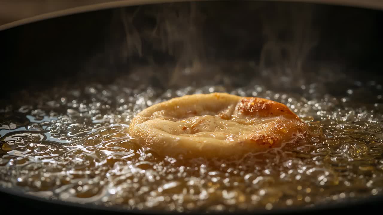 Frying single round dough piece in shallow pan near rim, oil bubbling from stovetop heat, browning
