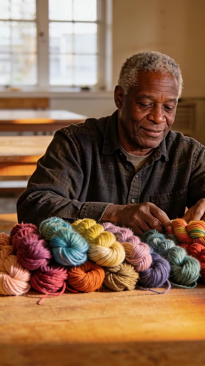 Vertical video: Reaching man in dark top picking, sorting varied yarn skeins in shop, lining colors