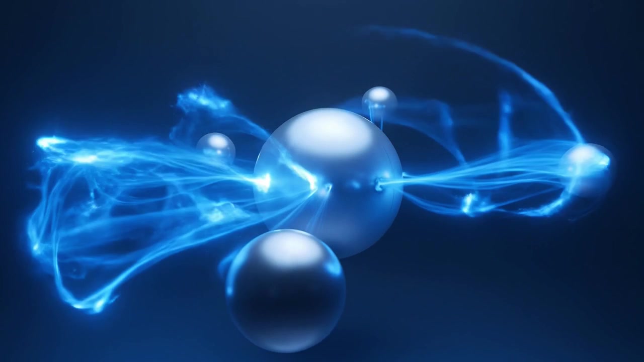 Energia blu dinamica che collega sfere metalliche astratte