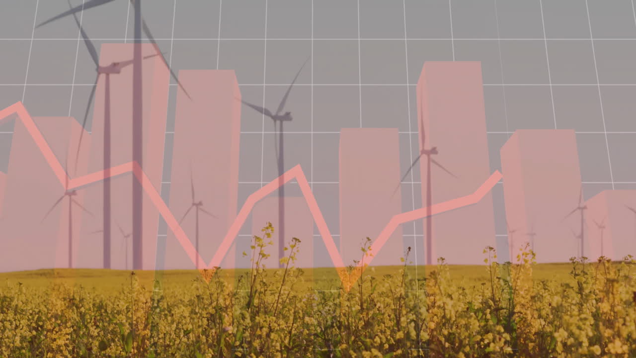 Canola field merging with pink bars and jagged red line as wind turbines rising over grid