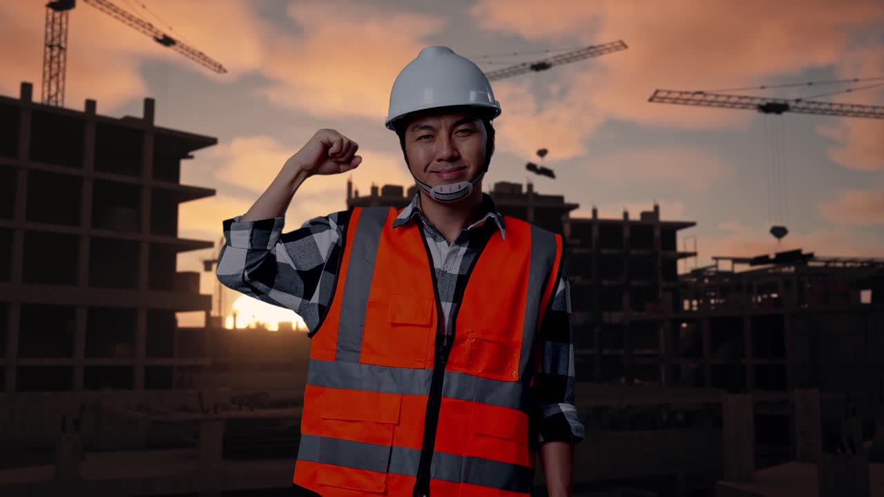 Asian Male Engineer With Safety Helmet Flexing His Bicep And Smiling To Camera While Standing At Building & Construction Site in Progress to New House