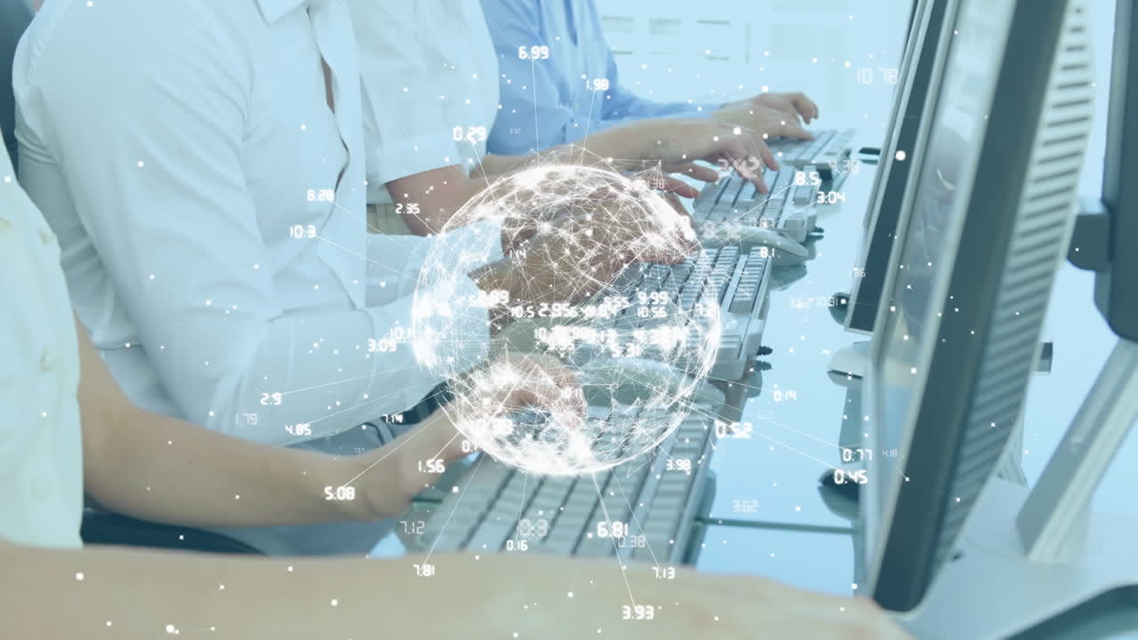 컴퓨터를 사용하는 비즈니스 사람들에 대한 연결 네트워크와 함께 지구촌의 애니메이션