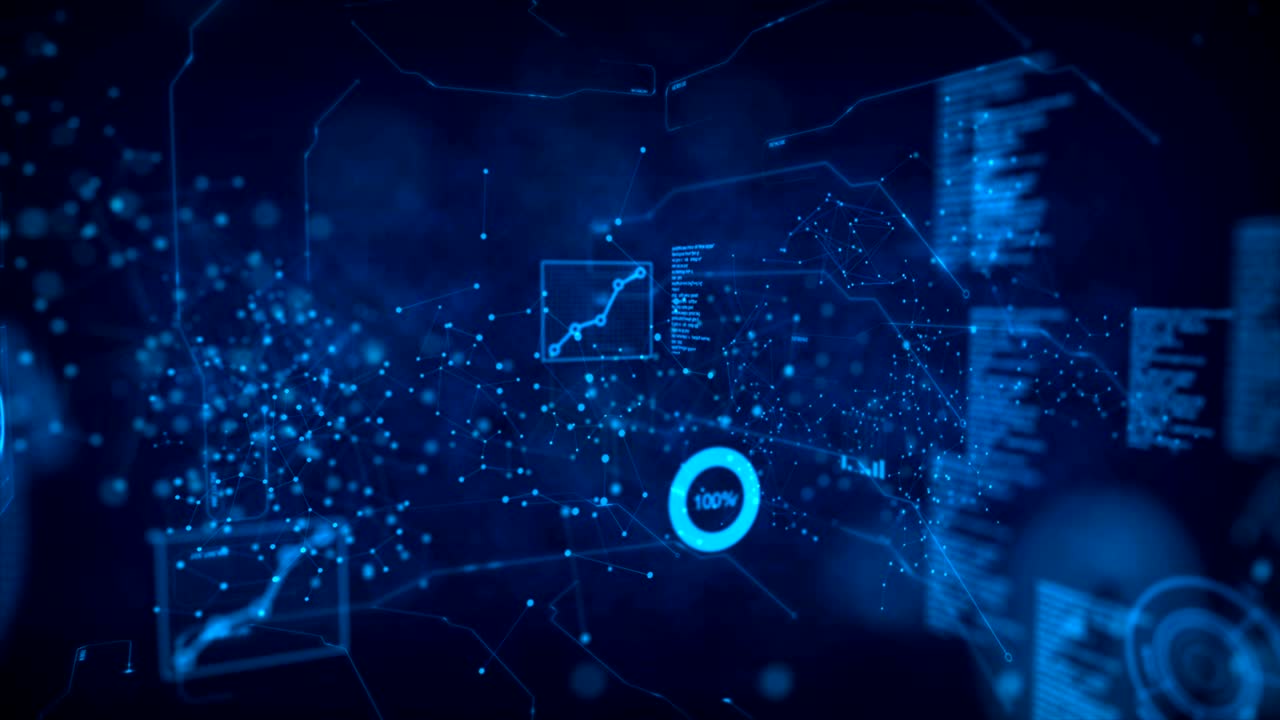 4K Animation Dot circle with connection line with HUD graph bar element on the dark background with grain processed