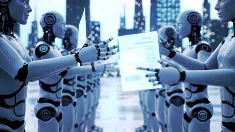 a futuristic gathering of robots engaging in document exchange, showcasing advanced technology and collaboration in a neon city environment