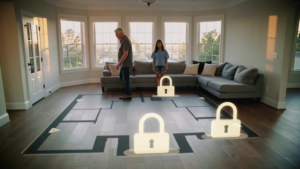 Stepping forward man walking taped plan in living room, demonstrating padlocks while girl watching