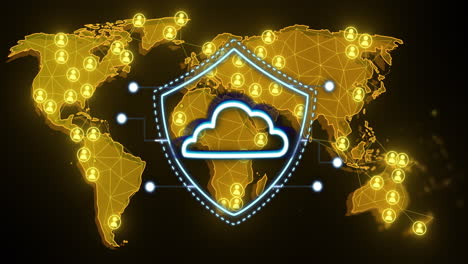 animating cloud security shield over global network connections map