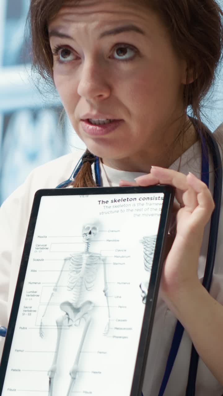 Female Doctor Explaining Human Skeleton Anatomy on Digital Tablet