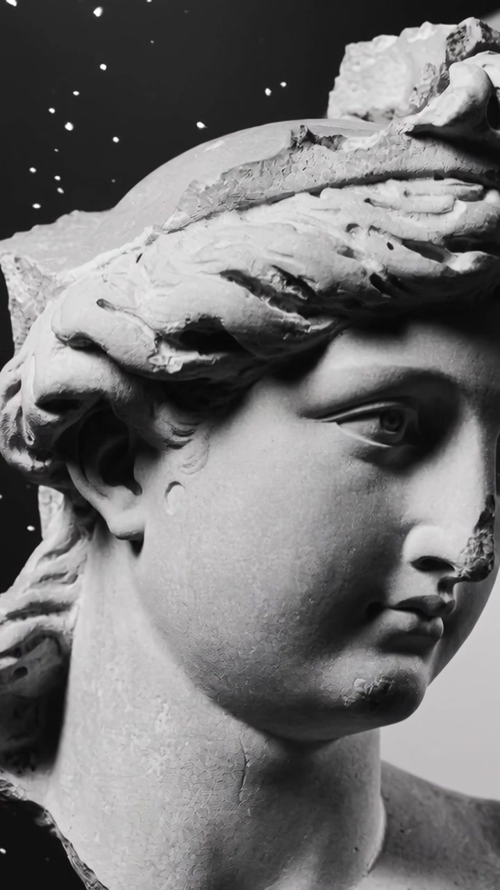 Video verticale: Telecamera che si muove rivelando un busto di marmo, una ghirlanda rotta, un drappeggio da studio, mostrando polvere.