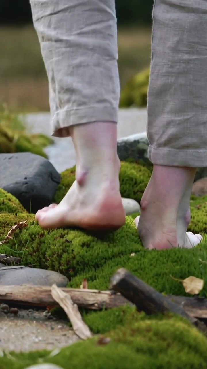 Vertical video: Lifting right foot, bare feet crossing moss path, feeling moss, in cropped pants